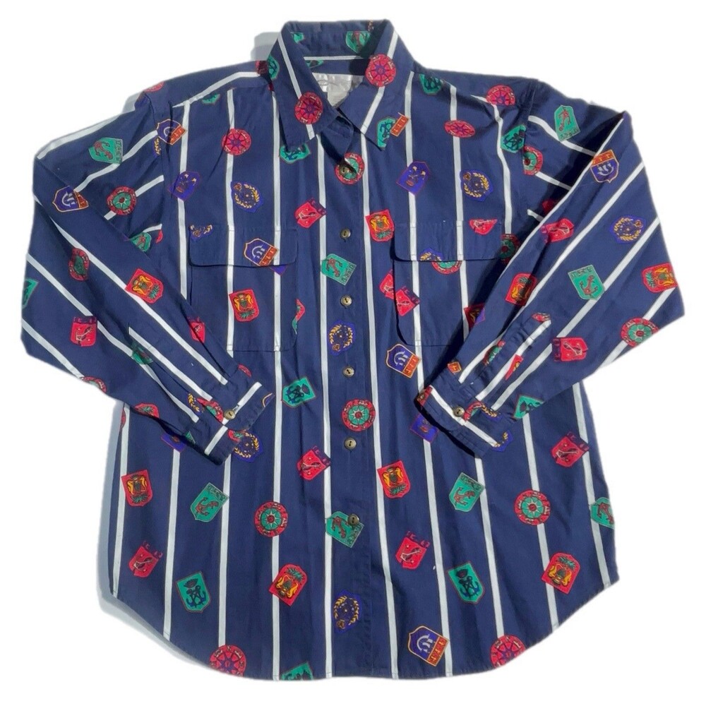 All Week Long Crest & Stripe Button Down Shirt Men’s Size Medium